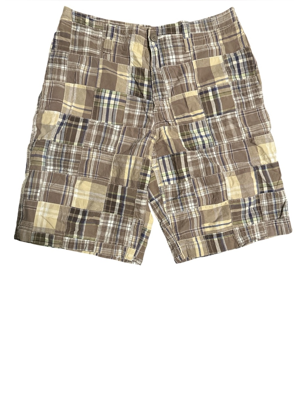 Men's Plaid Patchwork Shorts in Brown & Tan size 34